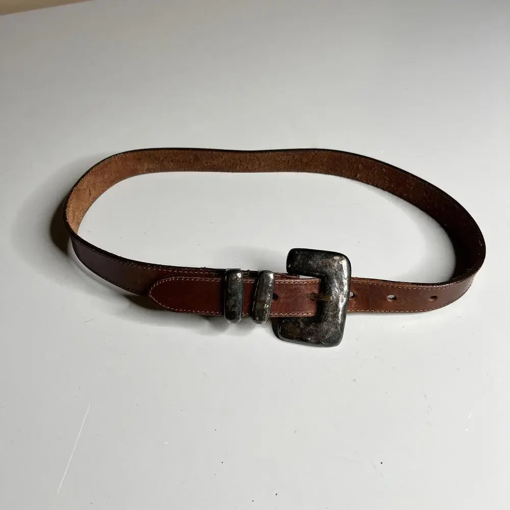Eddie Bauer Leather Belt Mens 34‎ Brown Silver Buckle Casual Distressed Classic